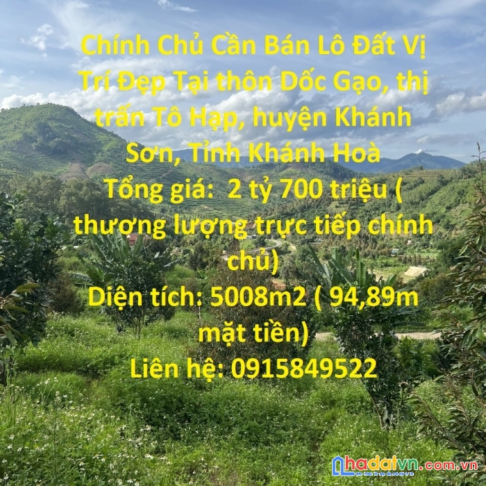 Chính chủ cần bán lô đất vị trí đẹp tại khánh sơn, khánh hoà giá đầu tư.