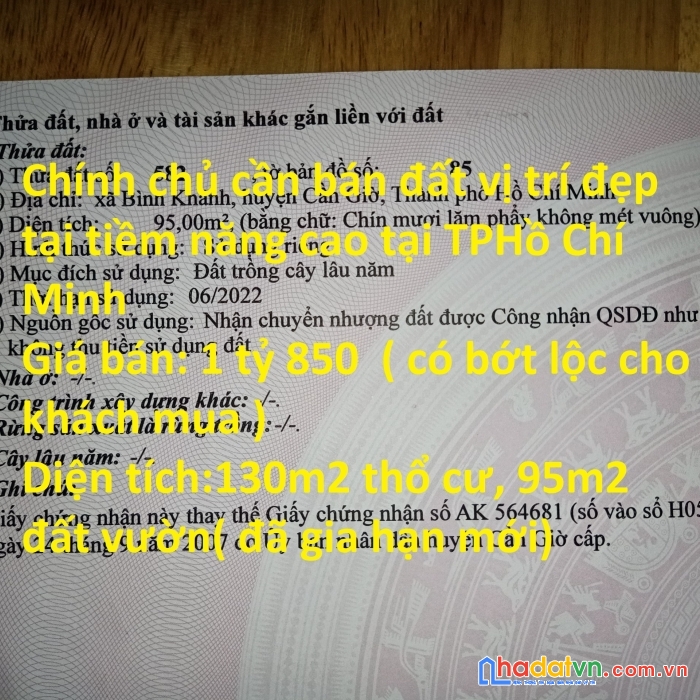 Chính chủ cần bán đất vị trí đẹp tại tiềm năng cao tại tphồ chí minh