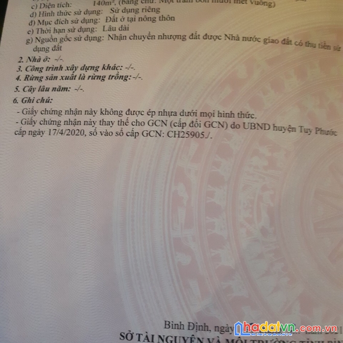 Chính chủ cần bán gấp lô đất thổ cư vị trí đẹp tại tuy phước bình định