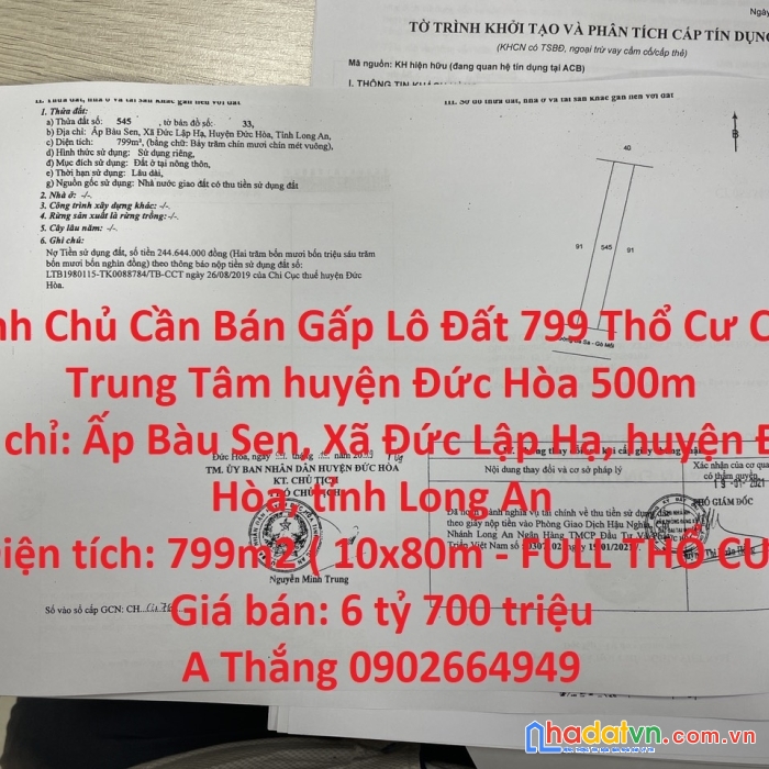 Chính chủ cần bán gấp lô đất 799 thổ cư cách trung tâm huyện đức hòa 500m