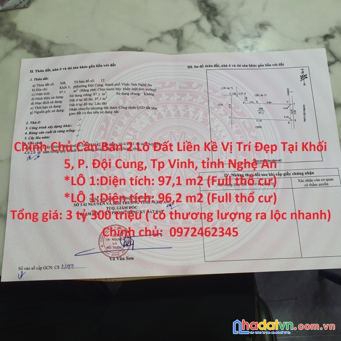 Chính chủ cần bán 2 lô đất liền kề vị trí đẹp tại phường đội cung tp vinh