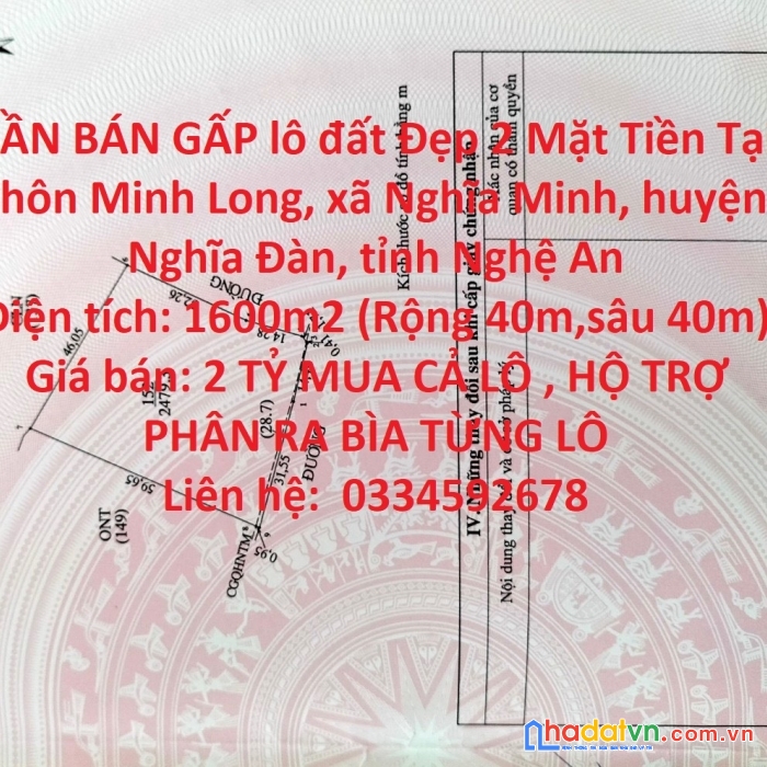 Cần bán gấp lô đất đẹp 2 mặt tiền tại huyện nghĩa đàn, tỉnh nghệ an