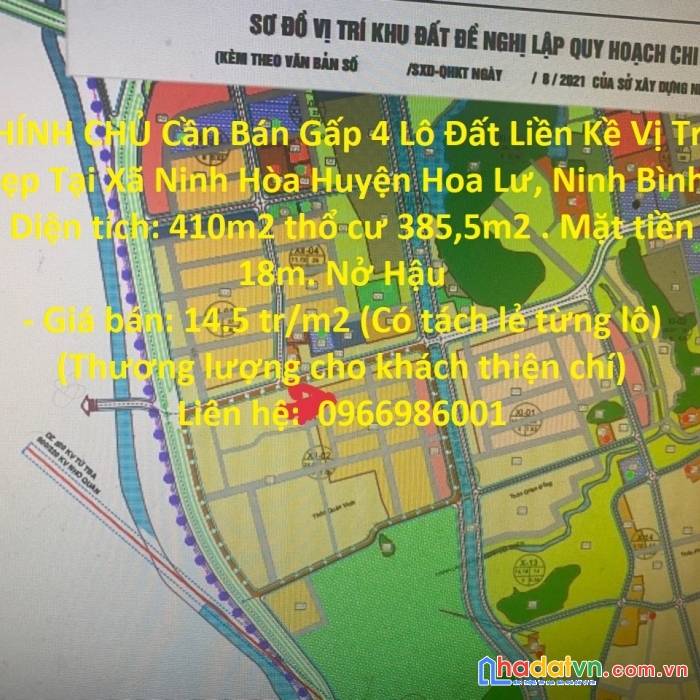 Chính chủ cần bán gấp 4 lô đất liền kề vị trí đẹp tại xã ninh hòa huyện hoa lư, ninh bình