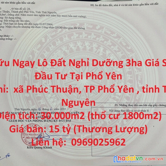 Sở hữu ngay lô đất nghỉ dưỡng 3ha giá siêu đầu tư tại phổ yên