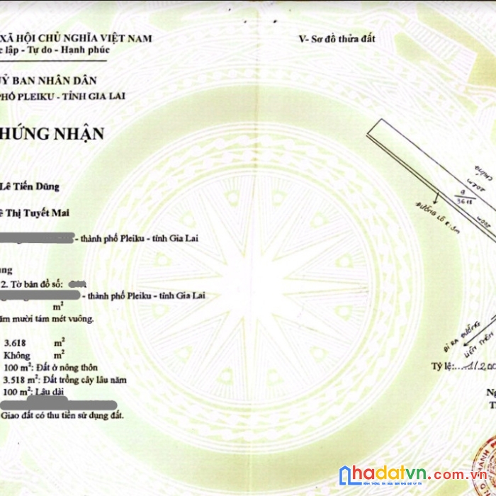 Bán 3.618m2 đất sổ đỏ có thổ cư tp pleiku gia lai với giá 3.3 tỷ (có thương lượng)