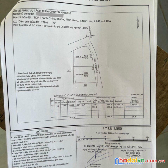 Bán lô đất phường vuông vắn dt 12x16  cách ql1a chỉ 300m ninh giang ninh hòa lh 0985451850 xuyên