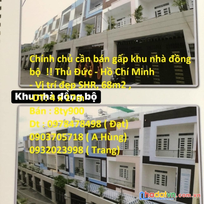 Chính chủ cần bán gấp khu nhà đồng bộ  !! thủ đức – hồ chí minh