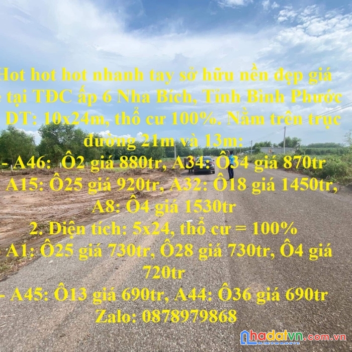Hot hot hot nhanh tay sở hữu nền đẹp giá rẻ tại tđc ấp 6 nha bích, tỉnh bình phước
