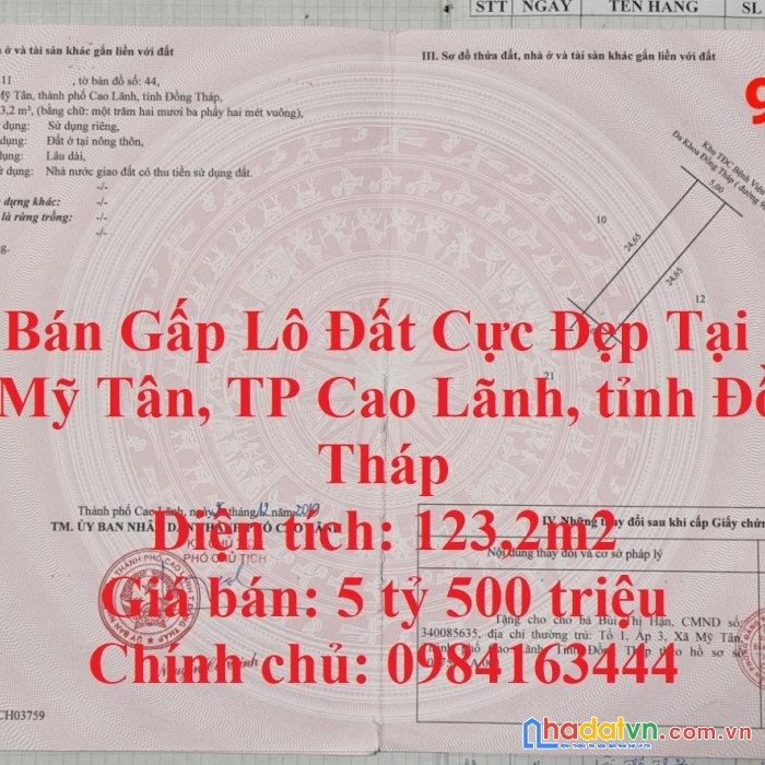 Cần bán gấp lô đất cực đẹp tại tp cao lãnh, tỉnh đồng tháp