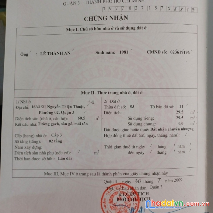 Chính chủ bán nhà tại đường nguyễn thiện thuật, phường 2, quận 3, hồ chí minh dt60.5m2 giá 7 tỷ