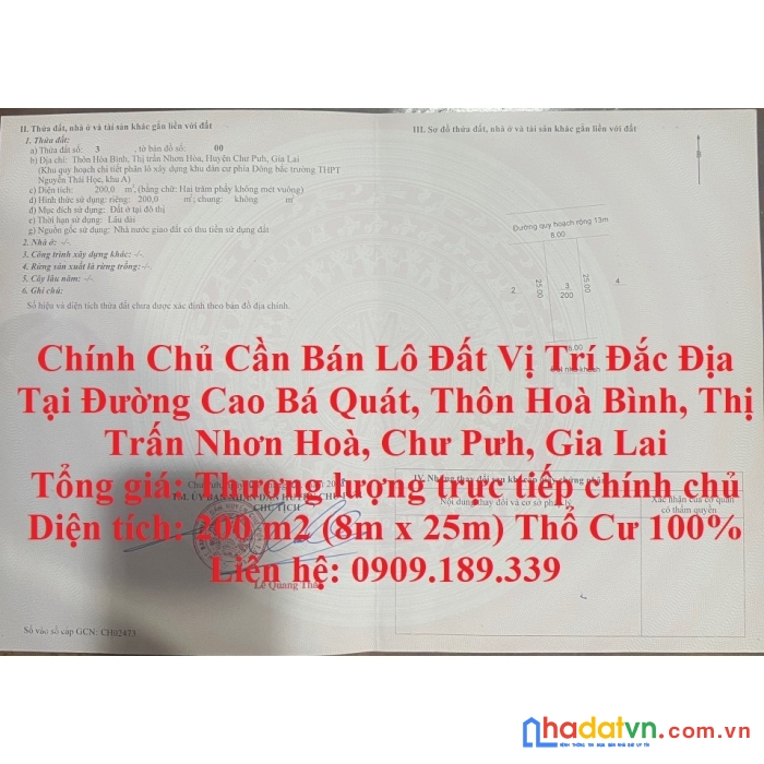 Chính chủ cần bán lô đất vị trí đắc địa tại huyện chư pưh, tỉnh gia lai.