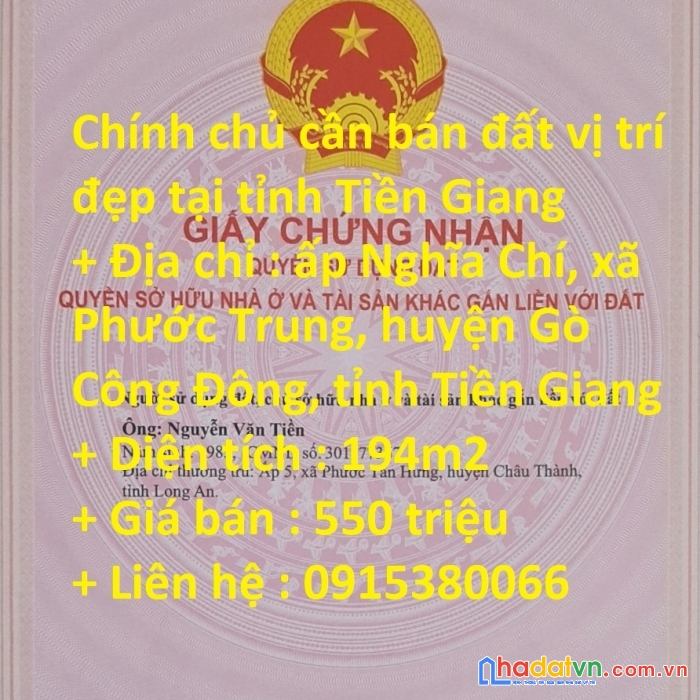Chính chủ cần bán đất vị trí đẹp tại tỉnh tiền giang