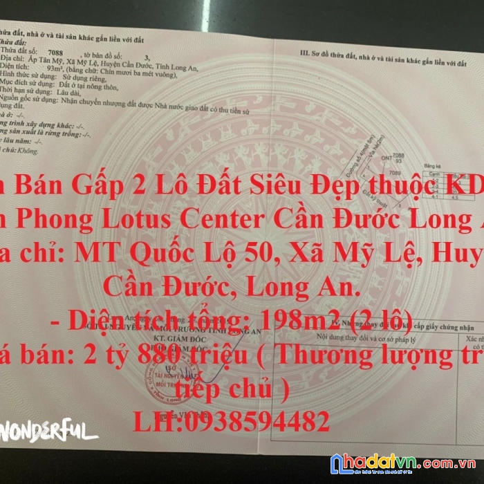 Cần bán gấp 2 lô đất siêu đẹp thuộc kdc nam phong lotus center cần đước long an
