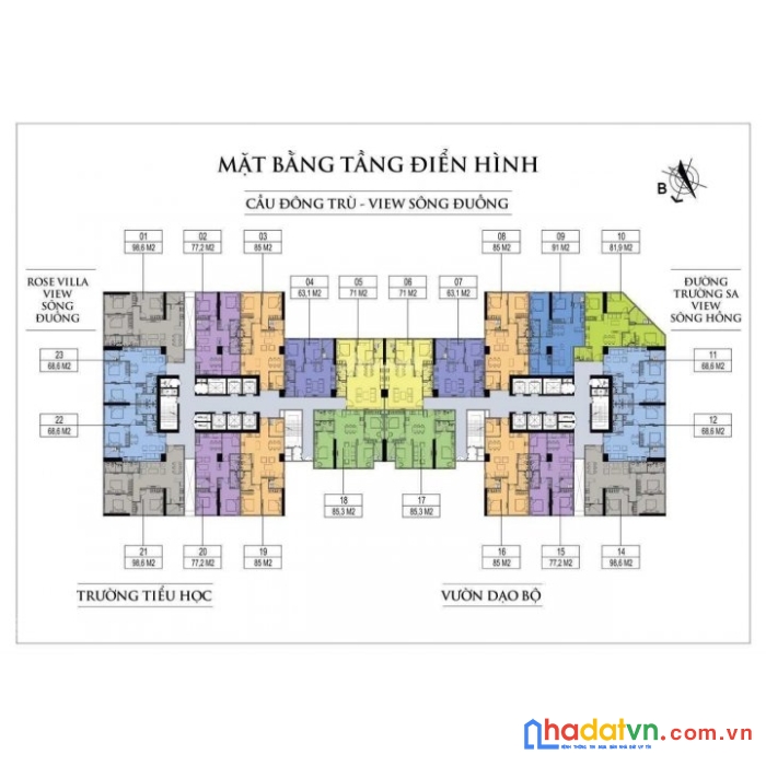 Căn góc 3  phòng ngủ: 98m2 view sông và biệt thự: hướng đông bắc- tây bắc: