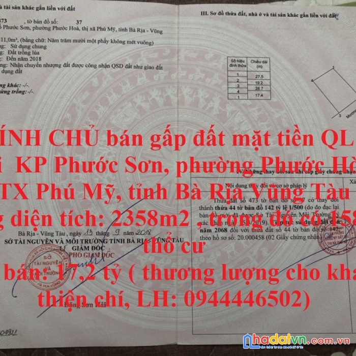 Chính chủ bán gấp đất mặt tiền ql 51 tại phước hòa, tx phú mỹ