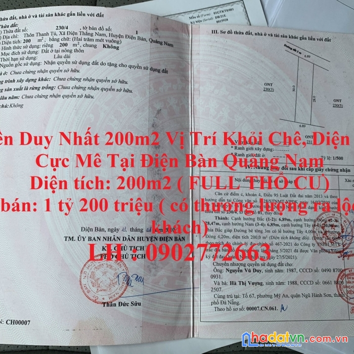 1 nền duy nhất 200m2 vị trí khỏi chê, diện tích cực mê tại điện bàn quảng nam