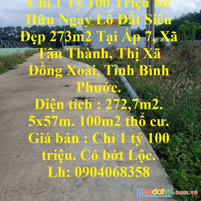 Chỉ 1 tỷ 100 triệu sở hữu ngay lô đất siêu đẹp 273m2 tại đồng xoài tỉnh bình phước.