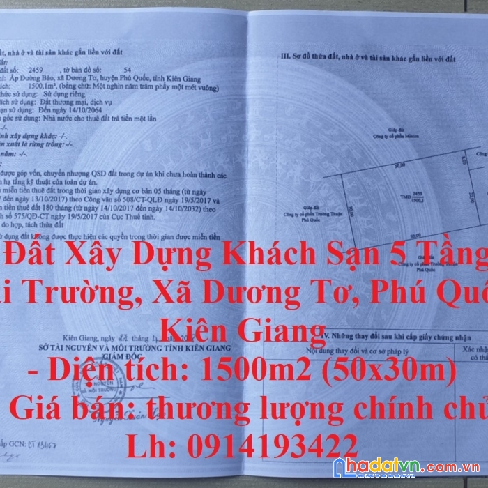 Bán đất xây dựng khách sạn 5 tầng tại bãi trường, xã dương tơ, phú quốc, kiên giang