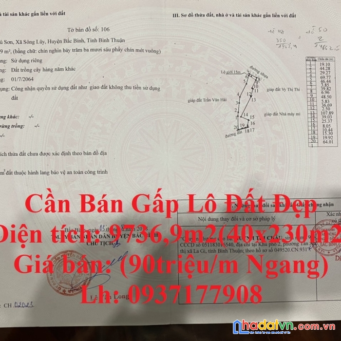 Cần bán gấp lô đất đẹp mặt tiền đường nhựa xã sông lũy huyện bắc bình, bình thuận