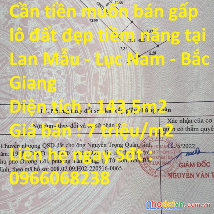 Cần tiền muốn bán gấp lô đất đẹp tiềm năng tại lan mẫu – lục nam – bắc giang
