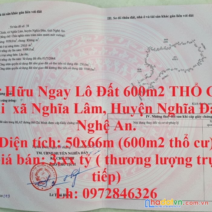Sở hữu ngay lô đất 600m2 thổ cư tại  xã nghĩa lâm, huyện nghĩa đàn, nghệ an.