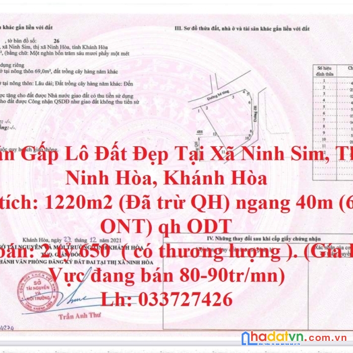 Cần bán gấp lô đất đẹp tại xã ninh sim, thị xã ninh hòa, khánh hòa
