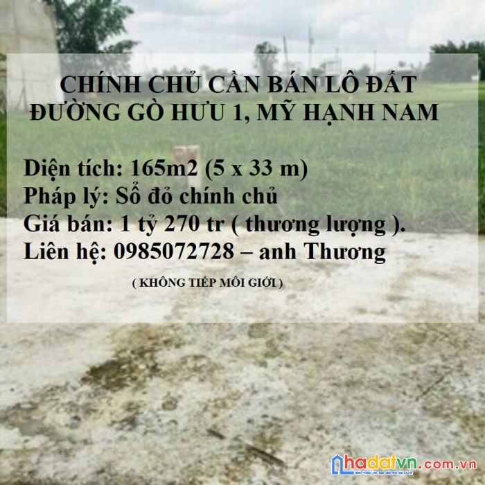 Bán đất đường gò hưu 1, mỹ hạnh nam, huyện đức hòa, long an, 165m2, giá đầu tư