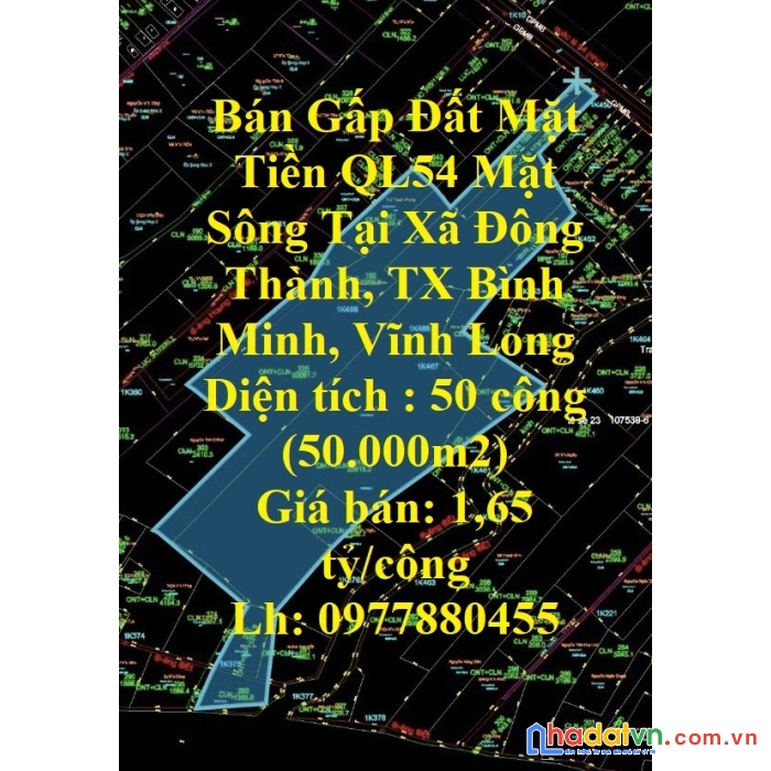 Bán gấp đất mặt tiền ql54 mặt sông tại xã đông thành, tx bình minh, vĩnh long