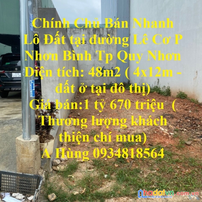 Chính chủ bán nhanh lô đất tại đường lê cơ p nhơn bình tp quy nhơn