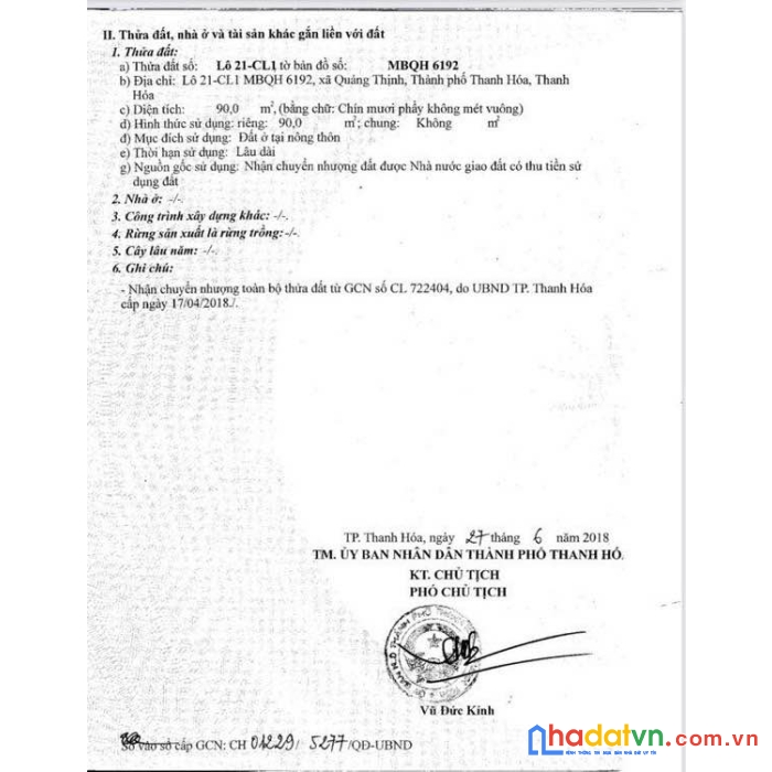 Chính chủ cần thanh khoản ngay mb 6192 : tại xã quảng thịnh ,thành phố thanh hóa