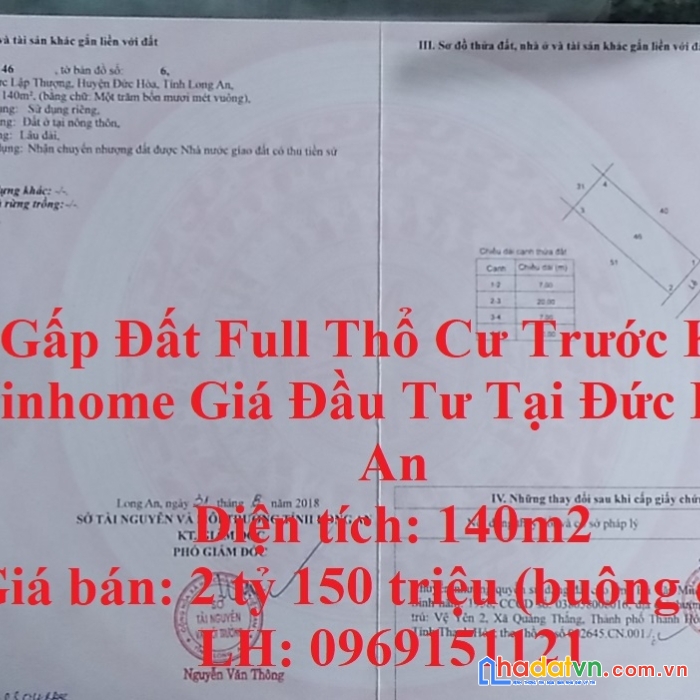 Bán gấp đất full thổ cư trước khu biệt thự vinhome giá đầu tư tại đức hoà, long an