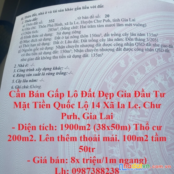 Cần bán gấp lô đất đẹp gía đầu tư  mặt tiền quốc lộ 14 xã ia le, chư pưh, gia lai