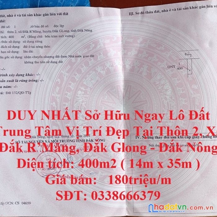 Duy nhất sở hữu ngay lô đất trung tâm vị trí đẹp tại thôn 2, xã đắk r’măng, đắk glong - đắk nông