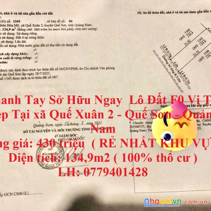 Nhanh tay sở hữu ngay  lô đất f0 vị trí đẹp tại xã quế xuân 2 - quế sơn - quảng nam