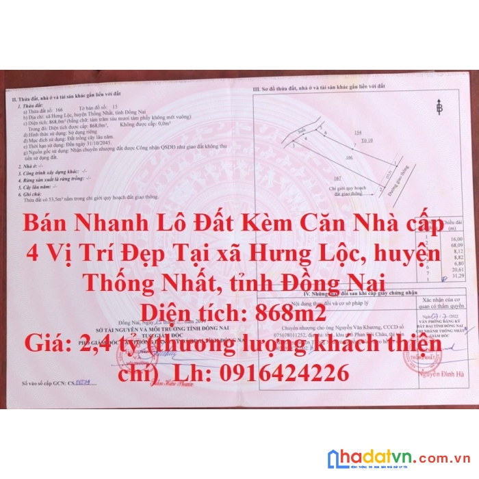 Bán nhanh lô đất kèm căn nhà cấp 4 vị trí đẹp tại thống nhất, đồng nai