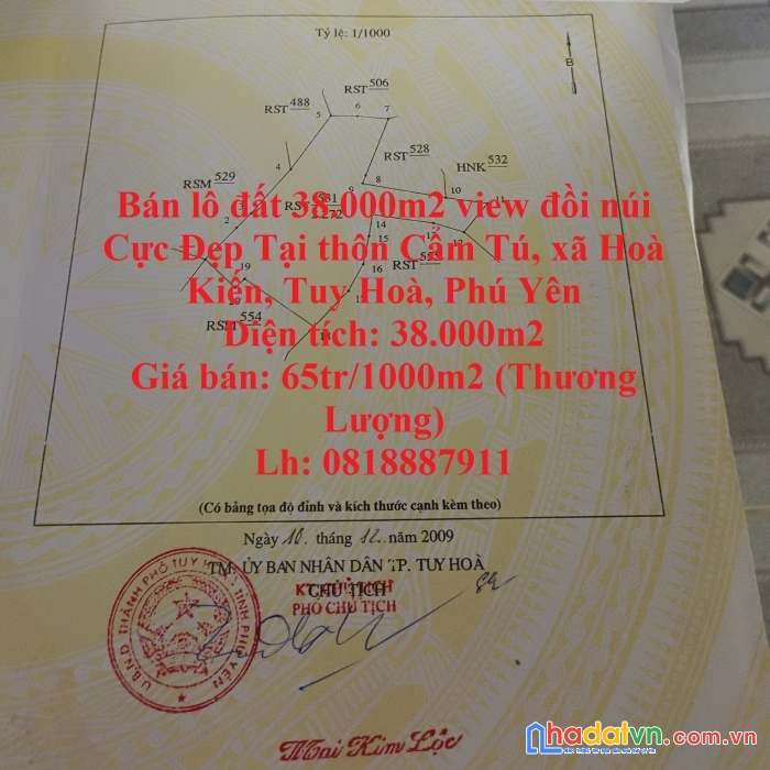 Bán lô đất 38.000m2 view đồi núi cực đẹp tại hoà kiến tuy hoà phú yên