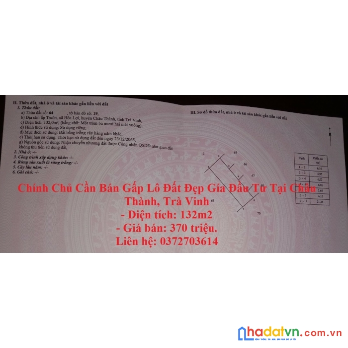 Chính chủ cần bán gấp lô đất đẹp gía đầu tư tại châu thành, trà vinh