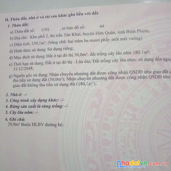 Cần bán lô đất ở thị trấn tân khai, huyện hớn quản, bình phước