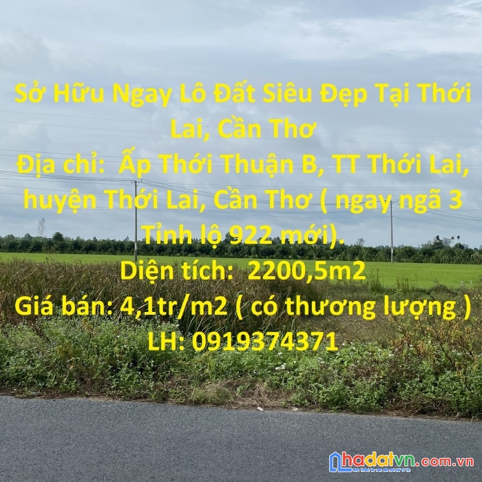 Sở hữu ngay lô đất siêu đẹp tại thới lai, cần thơ