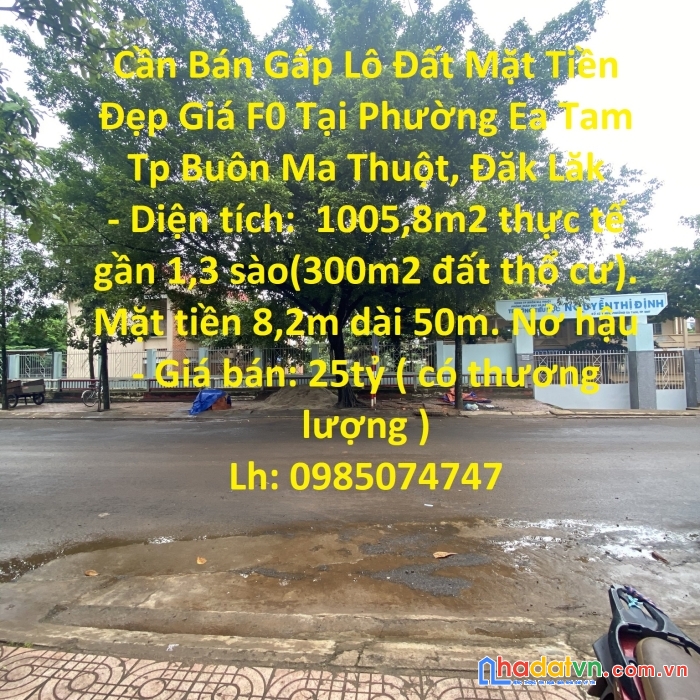 Cần bán gấp lô đất mặt tiền đẹp giá f0 tại phường ea tam tp buôn ma thuột, đăk lăk