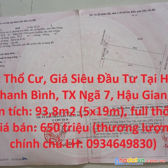 Đất thổ cư, giá siêu đầu tư tại hẻm thanh bình, tx ngã 7, hậu giang