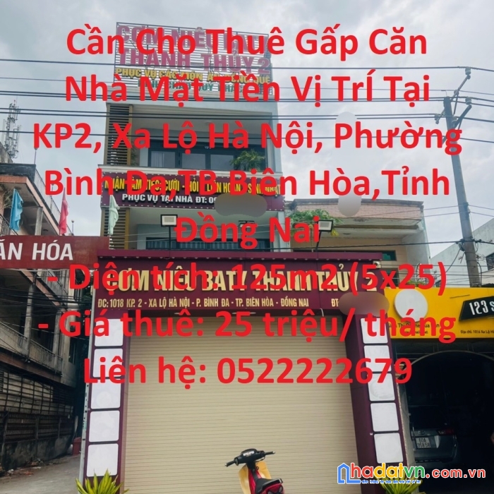 Cần cho thuê gấp căn nhà mặt tiền vị trí tại tb biên hòa-đồng nai