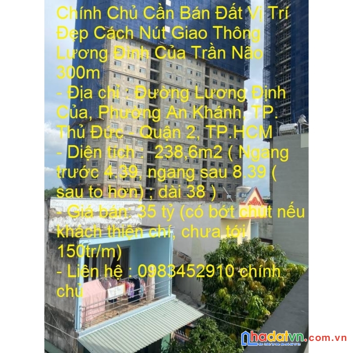 Chính chủ cần bán đất vị trí đẹp cách nút giao thông lương đình của trần não 300m