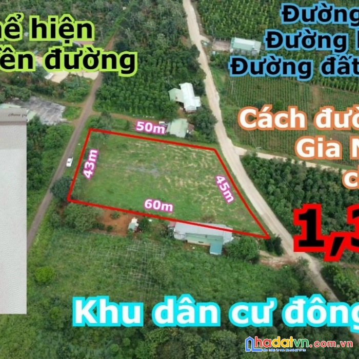 Cần bán 2,7 sào, 3 mặt tiền đường nhựa, đường bê tông và đường đất bên hông, diện tích 43x55m