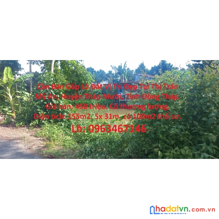 Cần bán gấp lô đất vị trí đẹp tại thị trấn mỹ an, huyện tháp mười, tỉnh đồng tháp.