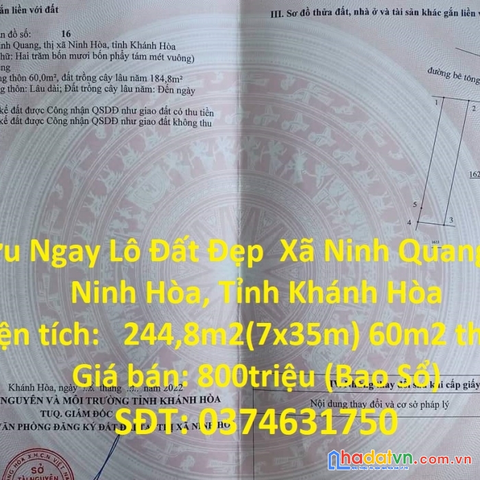 Sở hữu ngay lô đất đẹp  xã ninh quang, huyện ninh hòa, tỉnh khánh hòa