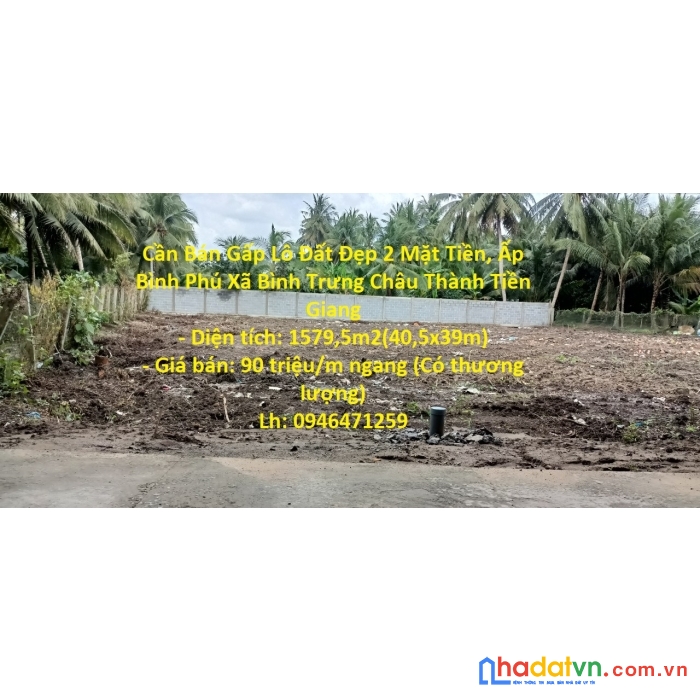 Cần bán gấp lô đất đẹp 2 mặt tiền, ấp bình phú xã bình trưng châu thành tiền giang