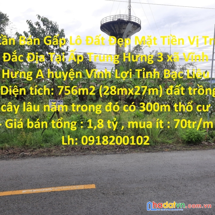 Cần bán gấp lô đất đẹp mặt tiền vị trí đắc địa tại tỉnh bạc liêu