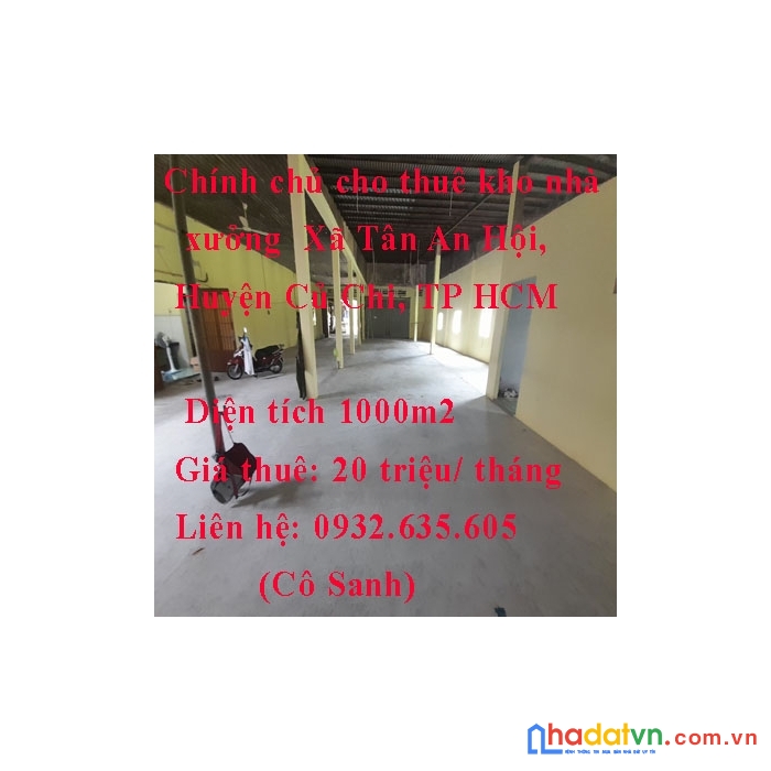 Chính chủ cho thuê kho nhà xưởng 1000m2 xã tân an hội, huyện củ chi, tp hcm