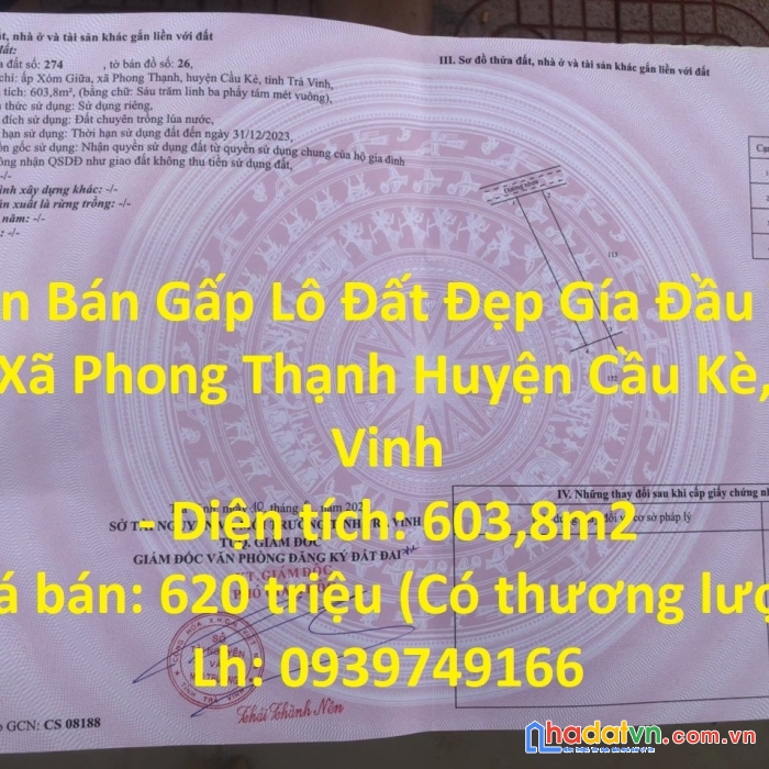 Cần bán gấp lô đất đẹp gía đầu tư tại xã phong thạnh huyện cầu kè, trà vinh